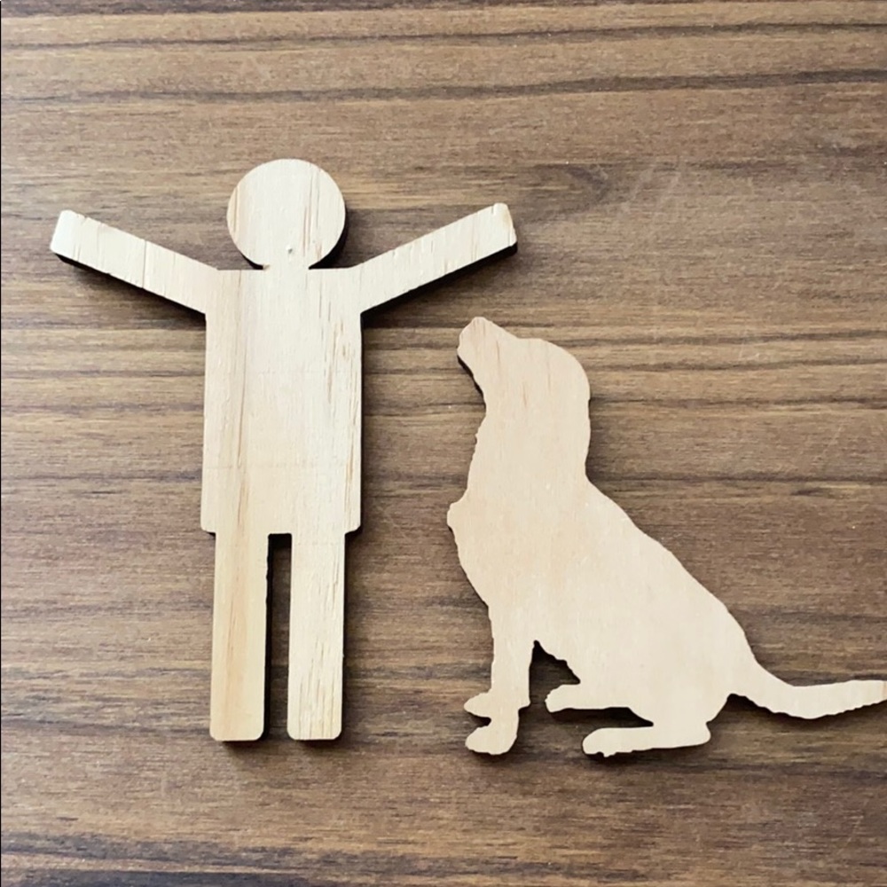Simplistic wooden cut outs w/ hangers man and his best friend dog small 4” DIY